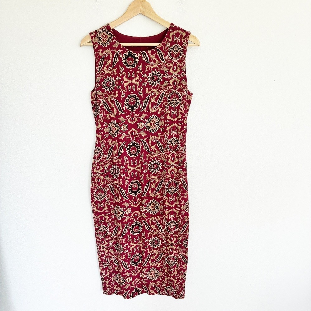Peruvian Connection Sleeveless Sheath Dress Womens M Burgundy Floral Pima Cotton